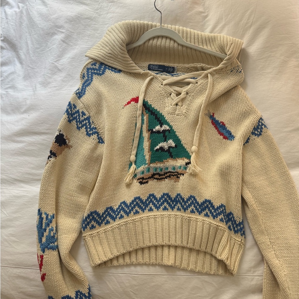 Ralph Lauren Cream and Blue Crew Neck Sweater with Festive Patterns